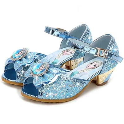 Afbeelding van FStory&amp;Winyee Prinsessensandalen voor meisjes, hoge hak, pailletten, kristal, ijskoningin kostuum, carnaval, party, show, dansbal, Blauw, 31 EU