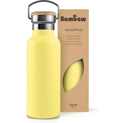 Afbeelding van Bambaw Geïsoleerde waterfles, 750 ml, geel, roestvrijstalen lekvrij, gemakkelijk te reinigen metalen dubbelwandige gele straal