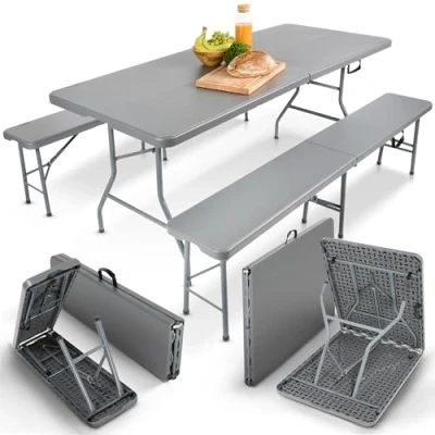 Afbeelding van AREBOS Klaptafel met 2 Klapbanken Inklapbare tafel 182 x 74 cm Opvouwbare Tuintafel Vouwtafel Inclusief handvat en tafelkleden max 8 Personen Wit