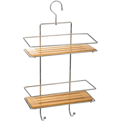 Afbeelding van Doucherekje/badkamerrekje 2 lagen metaal/bamboe met ophanghaak 26 x 11 46 cm Opberg rekjes voor shampoo/douchegel