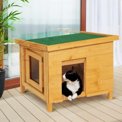 Afbeelding van Maison pour chat niche en bois avec porte basculante à lamelles