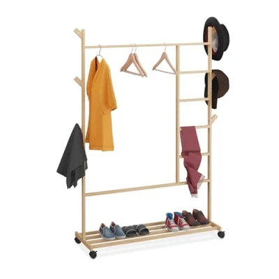 Afbeelding van Relaxdays kledingrek op wielen schoenenplank 154 x 114 33 cm bamboe slaapkamer