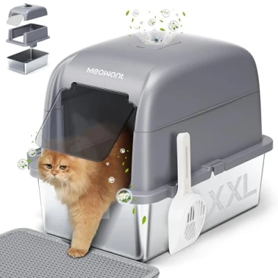 Afbeelding van MeoWant kattenbak van roestvrij staal, XXL, met schep, gesloten type in U vorm, afneembaar kattentoilet verborgen actieve koolbox aan de bovenkant