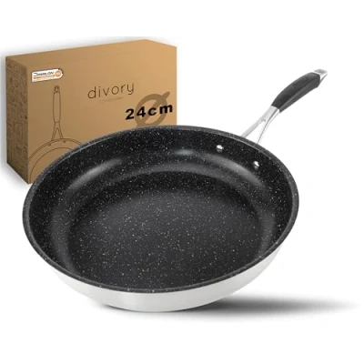 Afbeelding van Divory 24 cm Koekenpan Inductie Anti aanbak, RVS, Ergonomisch Handvat, Geschikt voor Alle Herde Koekepan Inclusief Pannenbeschermer