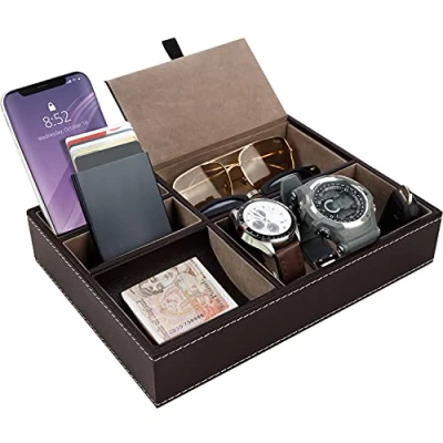 Afbeelding van Belle Vous Bruin Faux Leren 5 Compartimenten Valet Nachtkastje Organiser Tray Bureau Opslag Doos Voor Beurs, Telefoon, Sleutels, Sieraden, Accessoires, Geld, Armbanden Allesvanger Naast het Bed