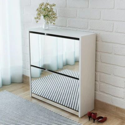 Afbeelding van Schoenenkast tweelaags met spiegel 63x17x67 cm wit