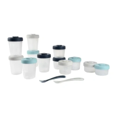Afbeelding van BÉABA, Set van 12 stuks bewaarpotjes en 2 siliconen lepels, clip, stapelbare in elkaar passende potjes, 100% afsluitbaar, maatverdeling, vriezer, moedermelk (2 x 90 ml &amp; 4 150 6 250 ml), Storm