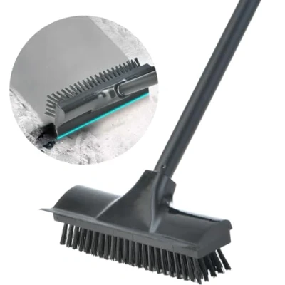 Afbeelding van 2 in 1 schuurborstel met lange steel, schraper en harde borstel voor douchereiniging, reinigingsborstel terras, keuken, badkamer, muur terras (zwart)