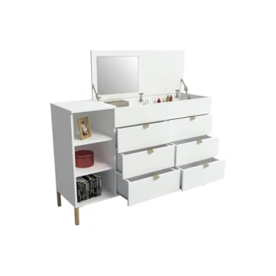 Afbeelding van Vente unique Ladekast Met 6 lades, 3 nissen en 1 opbergruimte spiegel Wit goudkleurig ONISHA L 140 cm x H 90.2 D 42