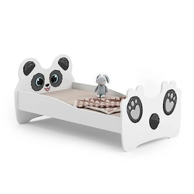 Afbeelding van KOBI Kinderbed, meisjesbed, met matras en frame, babykamer, eenpersoonsbed barrière, wit, 160 x 80 cm, panda