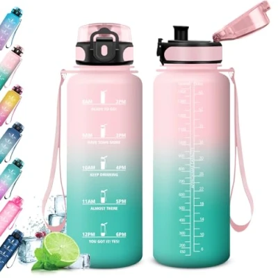 Image de KollyKolla bouteille d&#039;eau 1,5 L, pour salle de sport, avec horaires, boire, 1 clic, ouvert, sans BPA, travail, vélo, randonnée, cyclisme