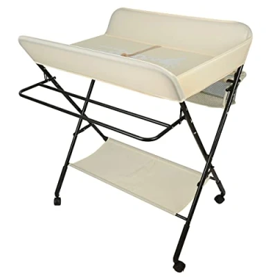 Afbeelding van luiertafel, opvouwbaar, met opbergmand aan de zijkant, ijzeren structuur, maximale belasting 25 kg, voor pasgeborenen, ergonomisch design, opvouwbare en draagbare 80 x 66 98 cm (beige)