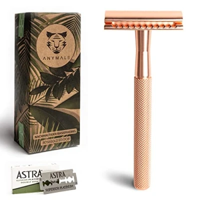 Afbeelding van ANYMALE® Rosegold Edition veiligheidsscheerapparaat met 5 ASTRA mesjes, plasticvrij, metalen scheerapparaat voor dames