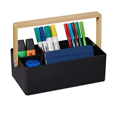 Afbeelding van Relaxdays bureau organizer met handvat draagbare pennenbak kunststof bestekhouder zwart