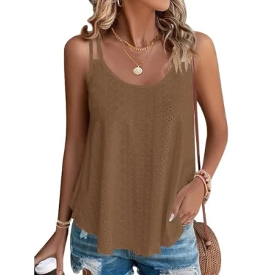 Afbeelding van WNEEDU Zomertanktop voor dames, mouwloze spaghettitop, ronde hals, blouses, Bruin