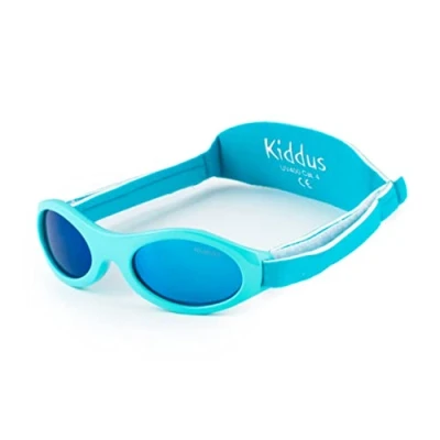 Afbeelding van KIDDUS Zonnebril voor baby&#039;s, 0 maanden, 1 2 jaar. 100% UV400 bescherming. Gepolariseerd. Siliconen neusbrug. Verstelbare neopreen band. kinderen 12 24 02 pastelblauw. Blauwe