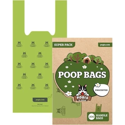 Afbeelding van Pogi&#039;s Poepzakjes voor hondenpoep, 300 ongeparfumeerde zakjes met gemakkelijk te bevestigen handgrepen, groot, biologisch afbreekbaar, waterdicht
