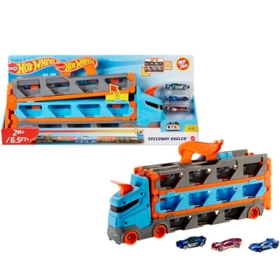 Image de Hot Wheels Super Transporteur Extensible, Piste Camion pour Ranger Jusqu’à 20 véhicules, 3 Voitures incluses, Emballage fermé, Jouet Enfant, HGH33
