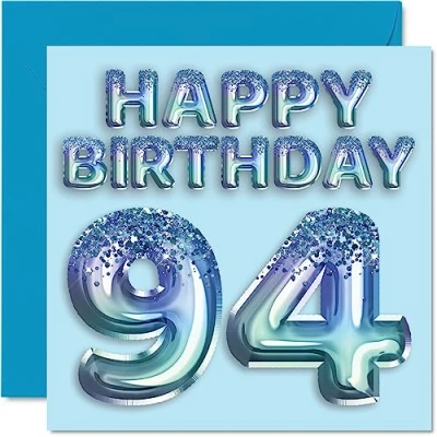 Afbeelding van Verjaardagskaart 94e verjaardag heren blauwe glitterfeestballon verjaardagskaarten voor mannen van 94 jaar, overgrootvader, opa,
