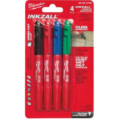Image de MILWAUKEE 48223106 INKZALL set de marqueurs à pointe fine 4 pièces (noir, rouge, bleu et vert)