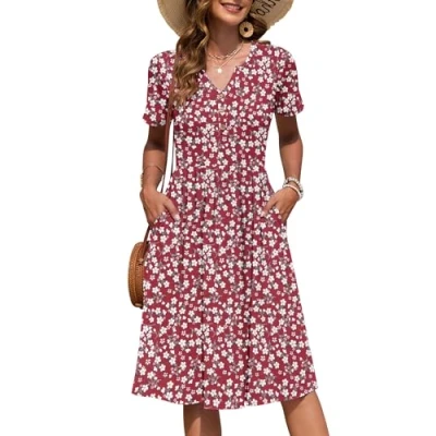 Afbeelding van AUSELILY Geplooide zomerjurk met korte mouwen en V hals zakken voor dames, Rood Bloemen, S