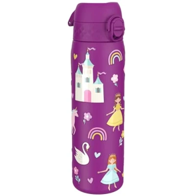 Afbeelding van ION8 Drinkfles van roestvrij staal, 600 ml, lekvrij, gemakkelijk te openen, veilige vergrendeling, vaatwasmachinebestendig, draaggreep, duurzaam, 3D motief prinses