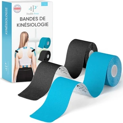 Afbeelding van Kinesiologie tape 2 rollen Kinesiology blauw + zwart (5 cm x 5 m) Originele Health Press Kinesiotape Profi Physio en Sporttape Huidvriendelijke Dermatest: ZEER GOED