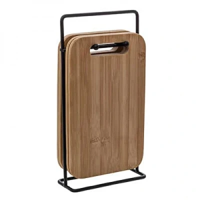 Afbeelding van Snijplank Set met metalen rek Five® van 4 bamboe snijplanken geschikt voor tapas.