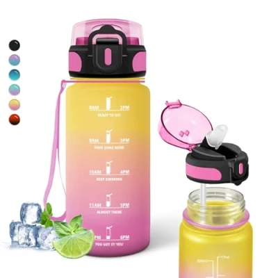 Afbeelding van 500 ml waterfles voor kinderen, met rietje, lekvrij, motiverende fles tijdschaal, gemakkelijk te reinigen, extra drinkfles, scholen,