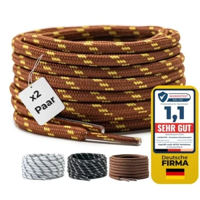 Afbeelding van LaceHype 2 paar ronde veters, diameter van 4,5 mm, voor laarzen, werkschoenen, outdoor en sportschoenen, veters polyester, scheurvast, bruin/geel, 150 cm