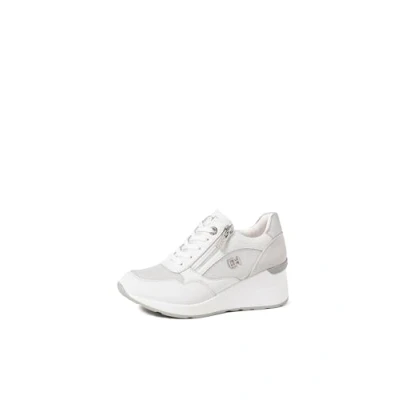 Afbeelding van QUEEN HELENA Hoge sleehak leren sneakers met ritssluiting aan de zijkant QH7016, Wit en Grijs