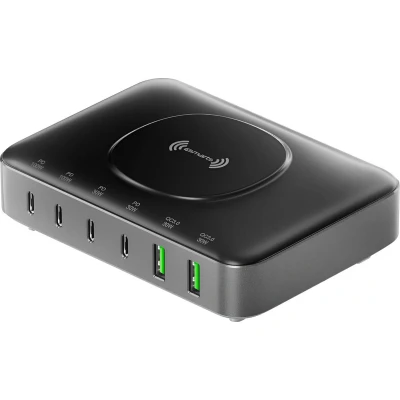 Afbeelding van 4smarts 100W 7 in 1 GaN Oplaadstation Snellader met Power Delivery en Quick Charge Geschikt voor o.a. Telefoon, Tablet, Laptop MacBook Draadloos Opladen Zwart/Grijs
