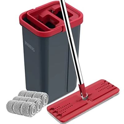 Afbeelding van BOSHENG Dweilset, emmer met 3 wasbare dweilpads, voor nat/droog wassen, rood/zwart