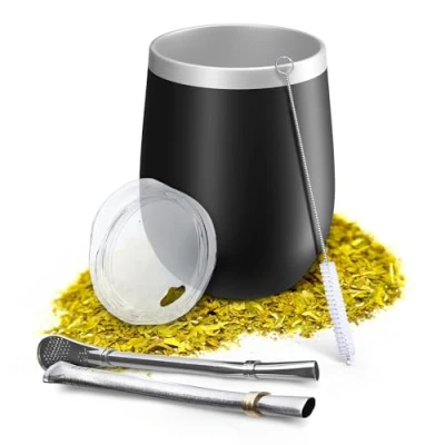 Afbeelding van Aquafloow Yerba Mate mok 350 ml + 2 Bombilla Maté rietjes van staal, dubbelwandige beker, BPA vrije deken, theeset roestvrij staal voor Maté, zwart