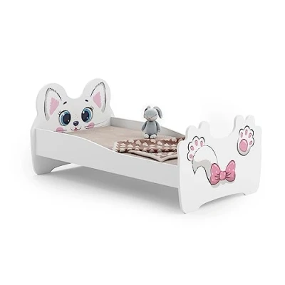 Afbeelding van KOBI Kinderbed, meisjesbed, met matras en frame, babykamer, eenpersoonsbed barrière, wit, 140 x 70 cm, kat