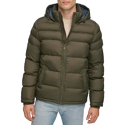 Image de Tommy Hilfiger Classic Hooded Puffer Jacket (Regular and Big &amp; Tall Sizes) Manteau Duvet pour Outerwear Homme, vert olive, XL