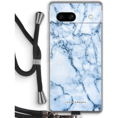 Afbeelding van Case Company® hoesje met Koord geschikt voor Google Pixel 7A Blauw marmer Telefoonhoesje Zwart Bescherming aan alle Kanten en Over de Schermrand