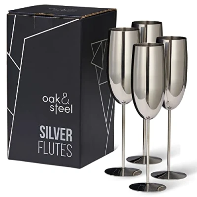 Afbeelding van Oak &amp; Steel 4 RVS Champagneglazen (285 ml, 25 cm), Zilver Stijlvol Cadeau voor Vrienden Familie