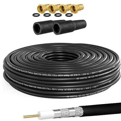 Afbeelding van HB DIGITAL 10 m SAT HQ135 PRO coaxkabel met 2 rubberen doppen + 4 gratis vergulde F stekkers viervoudig afgeschermde satellietantennekabel voor DVB S/S2 C/C2 installaties