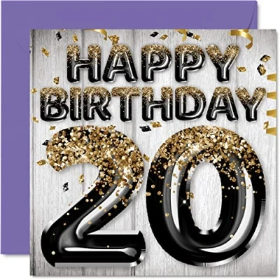 Afbeelding van 20e verjaardagskaart voor mannen, zwarte en gouden glitterballonnen, verjaardagskaarten mannen van 20 jaar, zoon, broer, oom, neef, 145 mm x mm, wenskaarten twintig jaar