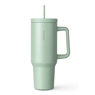 Afbeelding van VINSUN Thermosbeker 1200 ml met rietje en handvat, roestvrij staal, dubbelwandig geïsoleerd, voor koffie, thee, ijskoffie vakantie, auto, effen