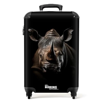 Afbeelding van NoBoringSuitcases.com® Handbagage koffer lichtgewicht Reiskoffer trolley Neushoorn vooraanzicht op zwarte achtergrond Rolkoffer met wieltjes Past binnen 55x40x20 en 55x35x25