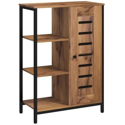 Afbeelding van kleankin Opbergkast voor badkamer op voet, industrieel design, stalen frame, 3 open planken, kast met 2 niveaus, lamellendeur, 60 x 30 85 cm, rustiek bruin