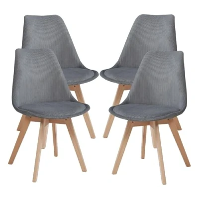 Afbeelding van [en.casa] Set van 4 eetkamerstoelen met comfortabele en gevoerde zitting, Scandinavische woonkamerstoel, robuuste constructie, kunststof hoes, corduroy, beuken, 82 x 49 54 cm, grijs