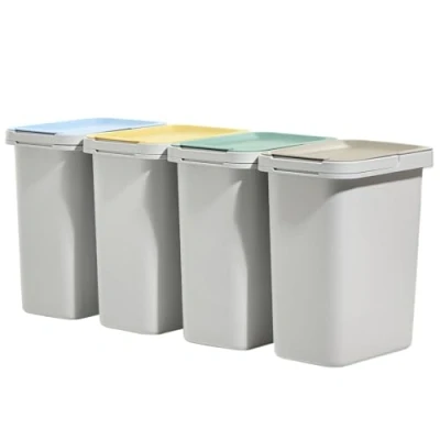 Afbeelding van KADAX Afvalscheidingsset, afvalscheidingssysteem, robuuste vuilnisemmer met waterdicht deksel, kunststof afvalemmer (wit, 4 x 12 l)