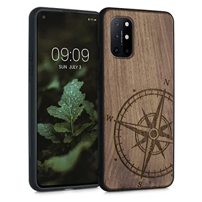 Afbeelding van kwmobile telefoonhoesje geschikt voorOnePlus 8T Hoesje met bumper walnoothout In donkerbruin Vintage Kompas design
