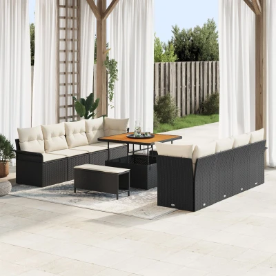 Afbeelding van vidaXL 11 delige tuinbankset met kussens zwart poly rattan acacia, 2 zits tuinbank opbergruimte en rattan, 3 tuin eetset acacia