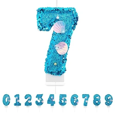 Afbeelding van Partyhausy Verjaardagskaarsen in de vorm van een cijfer 7,3D zeemeermin Blauwe kaarsen Nummer 7 Verjaardagstaartdecoratie voor verjaardagsdecoratie