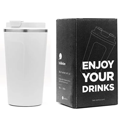 Afbeelding van BALIBETOV 510 ml Thermosbeker voor koffie, geïsoleerd, dubbelwandig, vacuüm van roestvrij staal, ideaal reizen, kamperen, thee, wijn, bier en andere (wit)