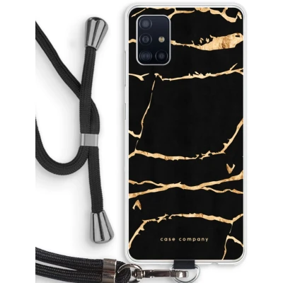 Afbeelding van Case Company® hoesje met Koord geschikt voor Samsung Galaxy A51 4G Gouden marmer Telefoonhoesje Zwart Bescherming aan alle Kanten en Over de Schermrand